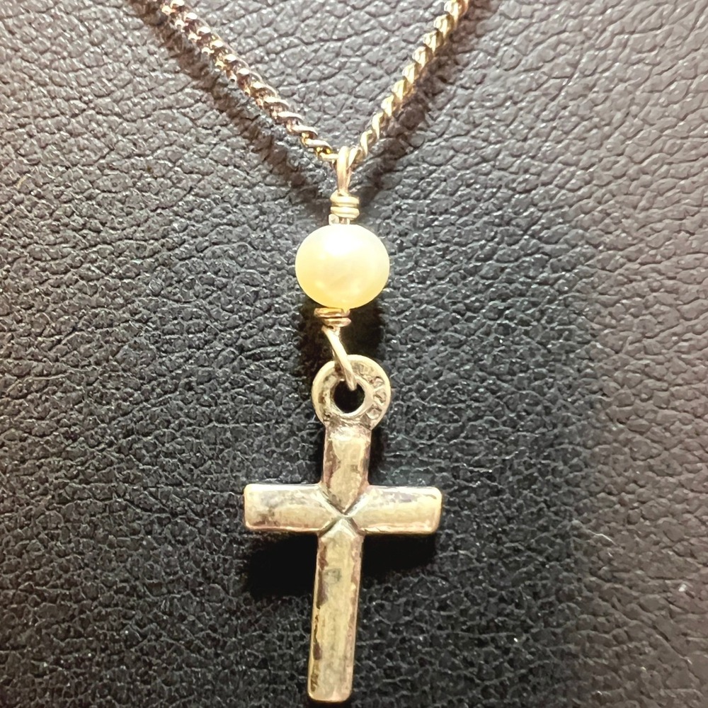 Vintage Sterling Silver Necklace Cross Faux Pearl Dainty Curb Chain1 8" 2.g